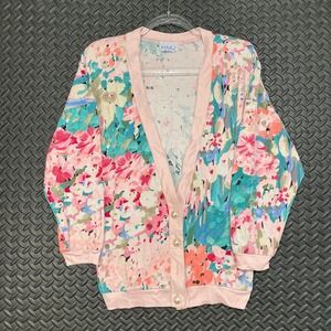 Vintage‎ HMJ Made In USA Multicolor Floral Pattern Button Up Cardigan Sweater S